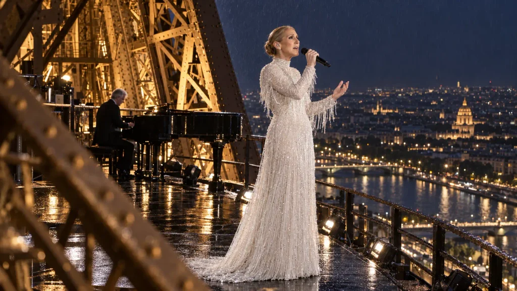 Céline Dion singing from the Eiffel Tower during the Paris Olympics opening ceremony