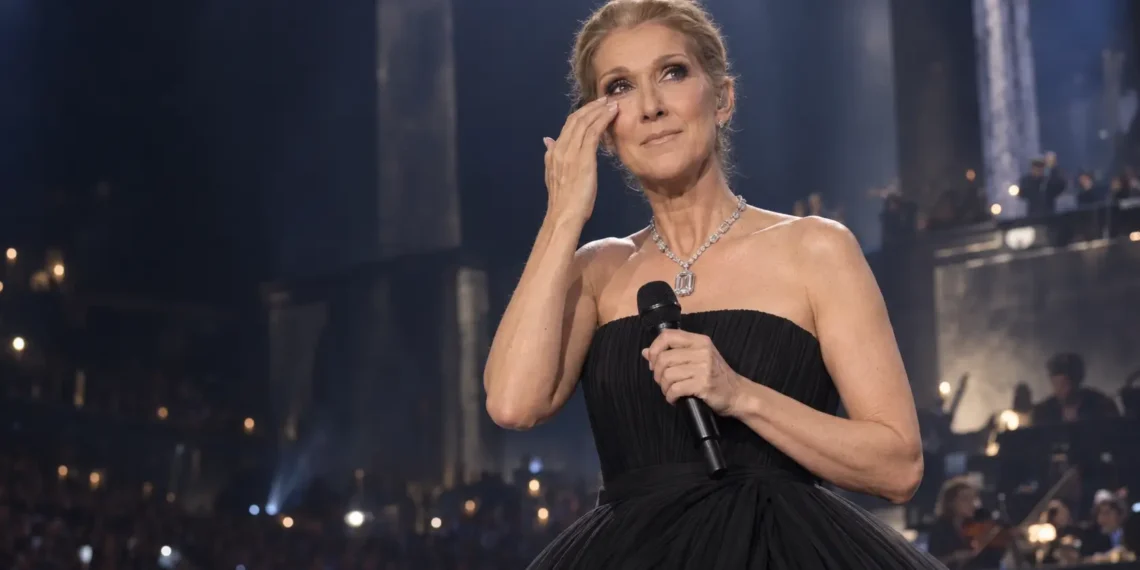 Céline Dion wiping away tears during her September 2026 Paris comeback concert