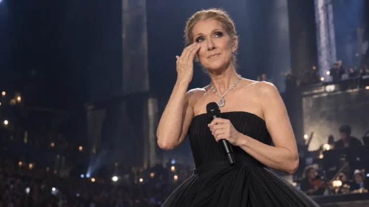 Céline Dion wiping away tears during her September 2026 Paris comeback concert