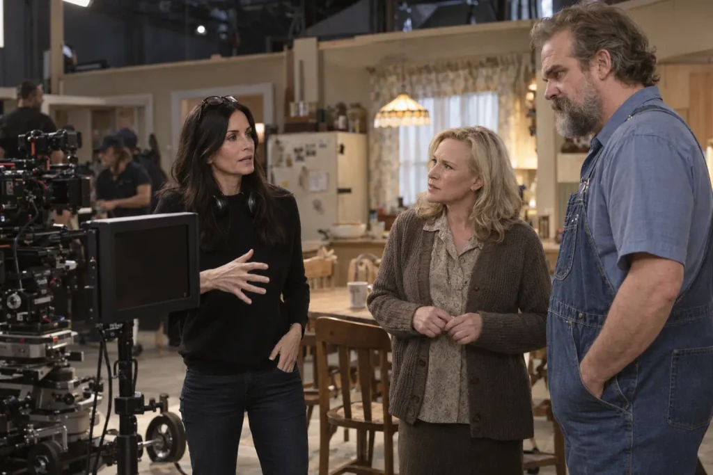 Courteney Cox directing Patricia Arquette and David Harbour in Evil Genius