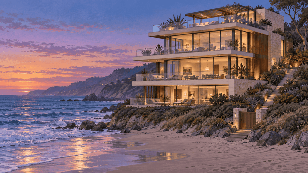 Editorial architectural illustration of a modern four-level Malibu beach house