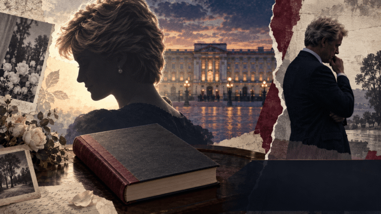 Editorial illustration representing Charles Spencer’s Swan Song memoir and the royal dispute over Princess Diana