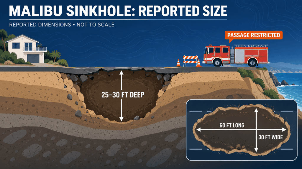 Graphic showing the reported dimensions of the Malibu sinkhole