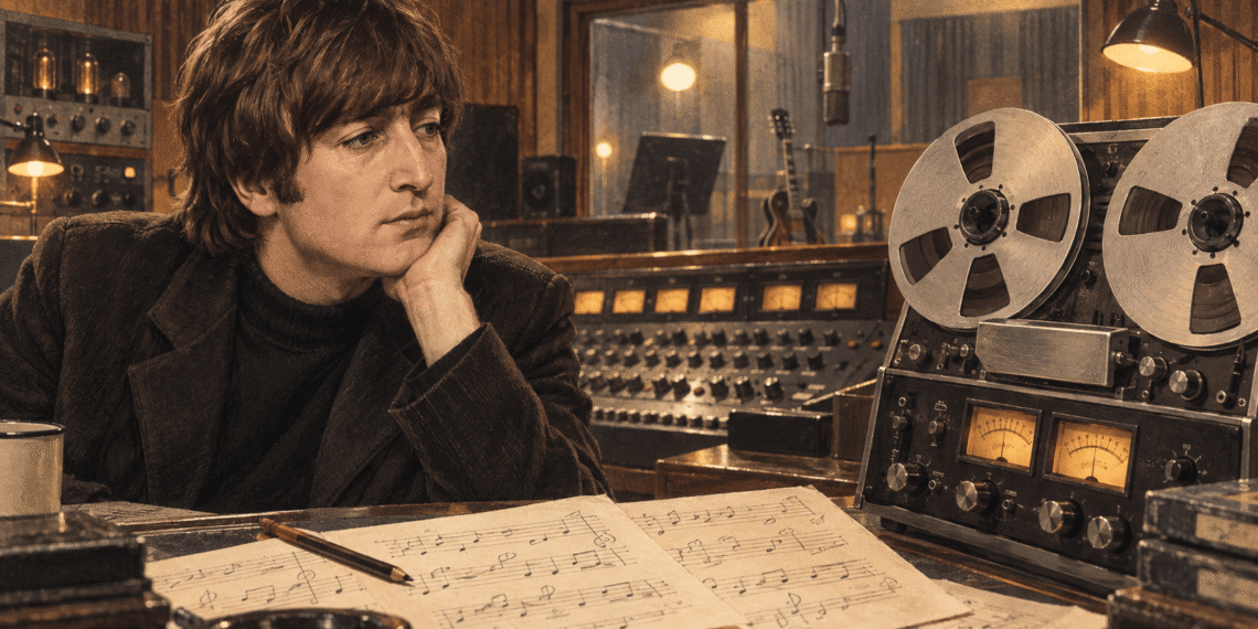 John Lennon with reel-to-reel tape representing unheard material from the Rubber Soul sessions