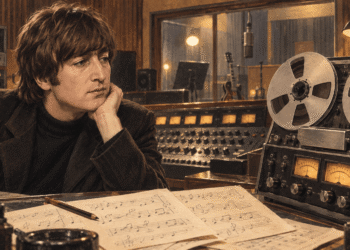 John Lennon with reel-to-reel tape representing unheard material from the Rubber Soul sessions