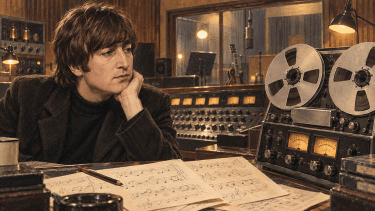 John Lennon with reel-to-reel tape representing unheard material from the Rubber Soul sessions