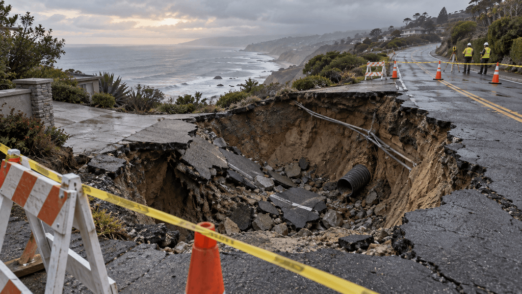 Large sinkhole beneath a collapsed driveway on Sea Level Drive in Malibu
