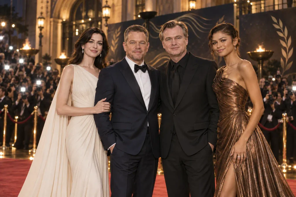 Matt Damon and Christopher Nolan attending The Odyssey premiere