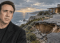 Nicolas Cage beside an editorial illustration of a sinkhole threatening a Malibu mansion