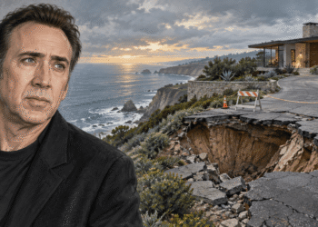 Nicolas Cage beside an editorial illustration of a sinkhole threatening a Malibu mansion