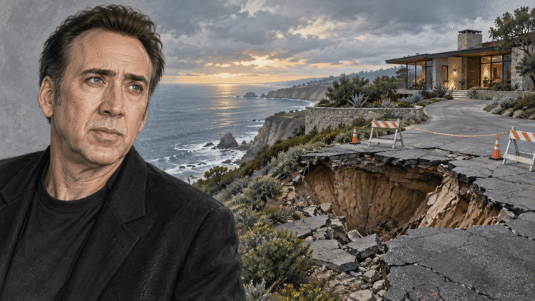 Nicolas Cage beside an editorial illustration of a sinkhole threatening a Malibu mansion