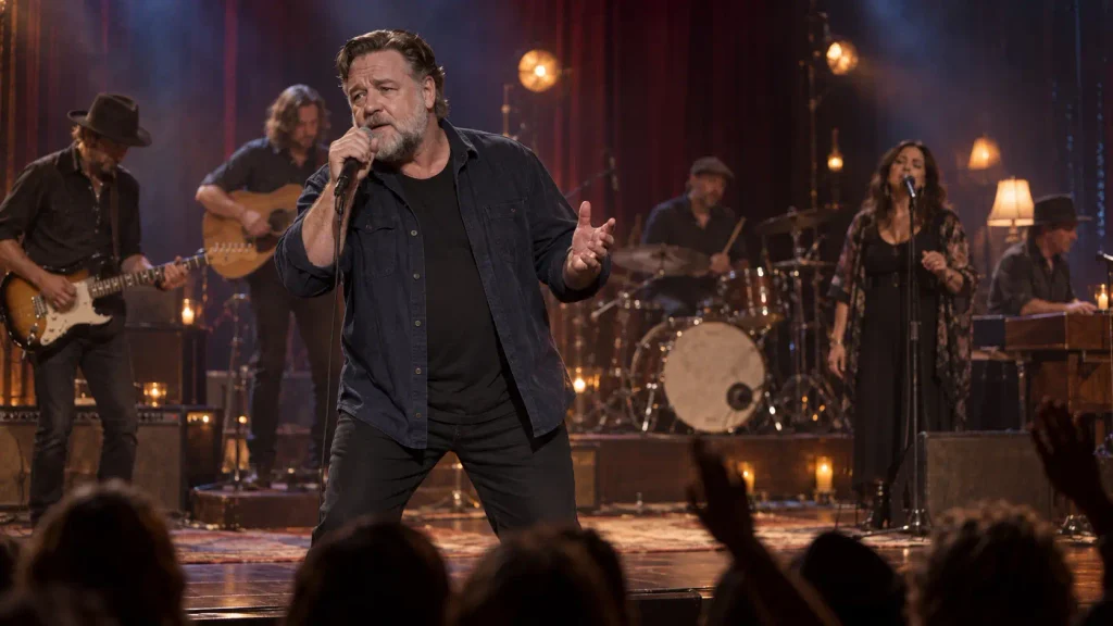 Russell Crowe singing with Indoor Garden Party during a live concert