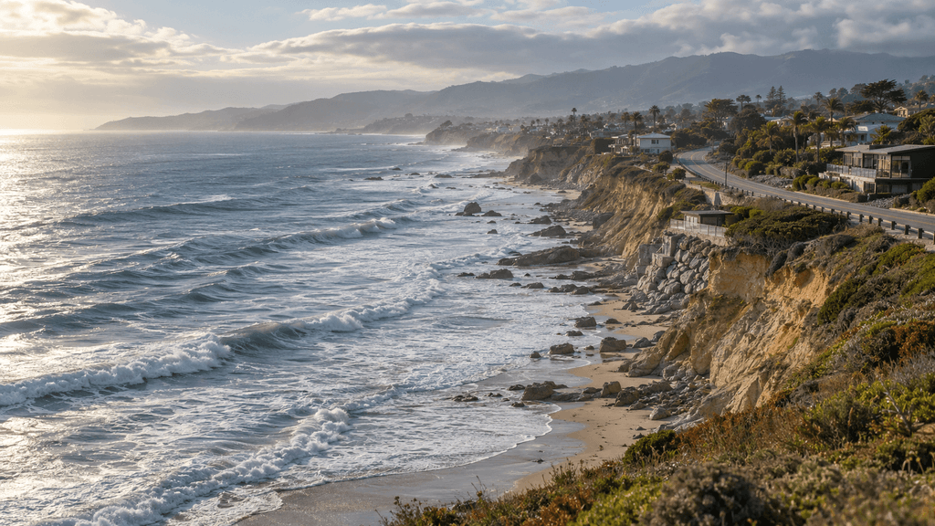 Wide view of beachfront homes along the Malibu coastline