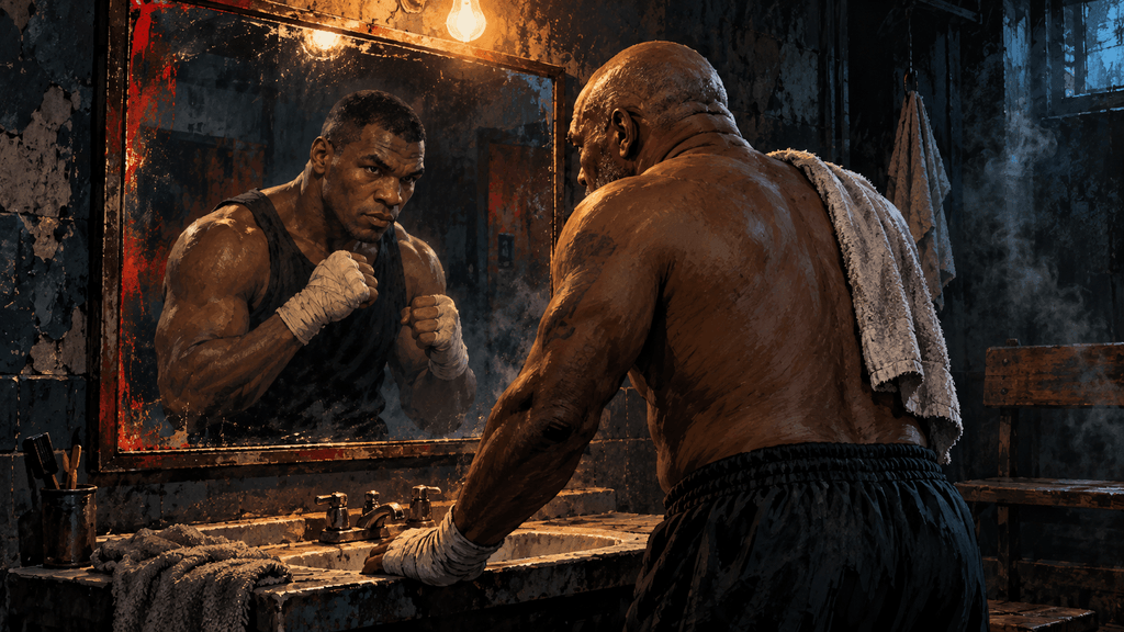 Editorial illustration of an older boxer confronting his younger reflection