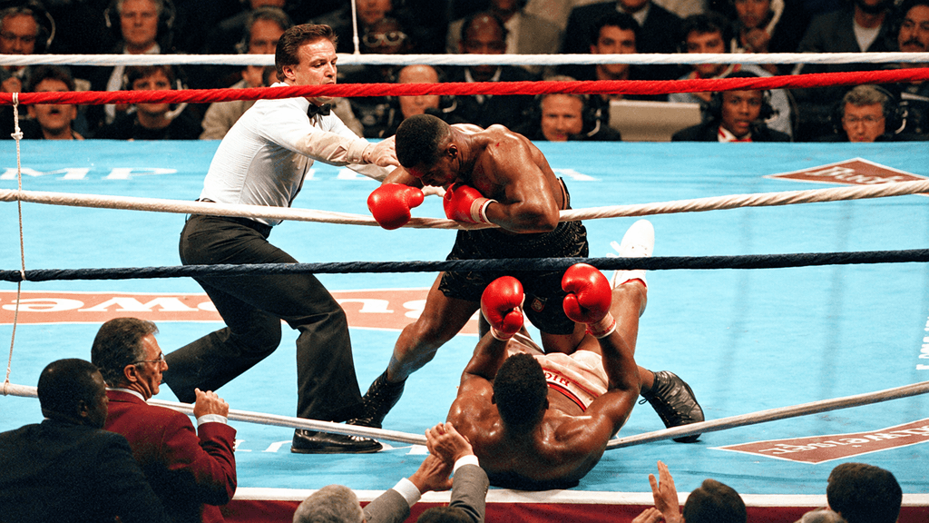 Mike Tyson during his 1987 heavyweight championship fight against Tyrell Biggs